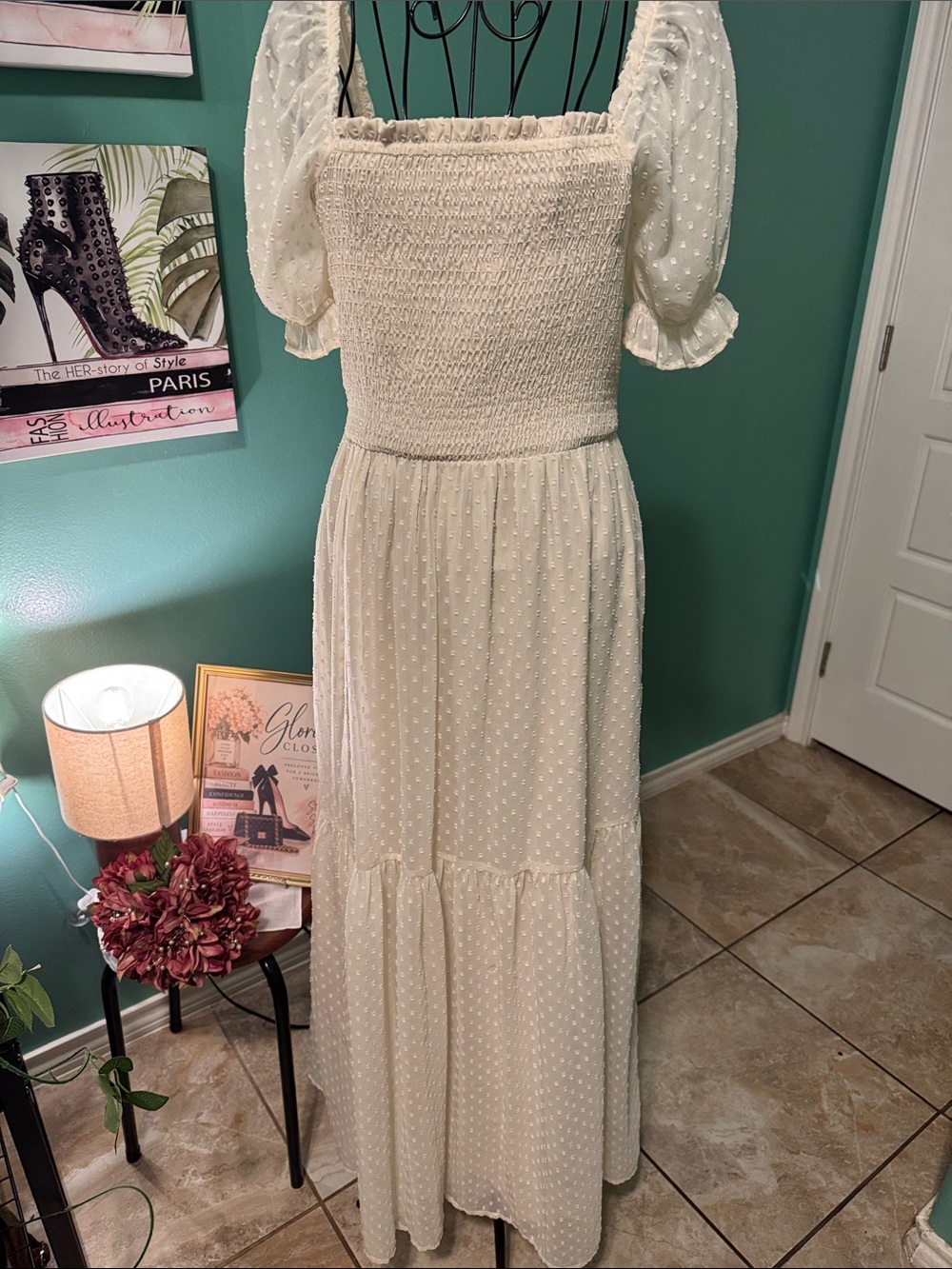 Patrons of Peace Ivory Swiss Dot Smocked Maxi Dress